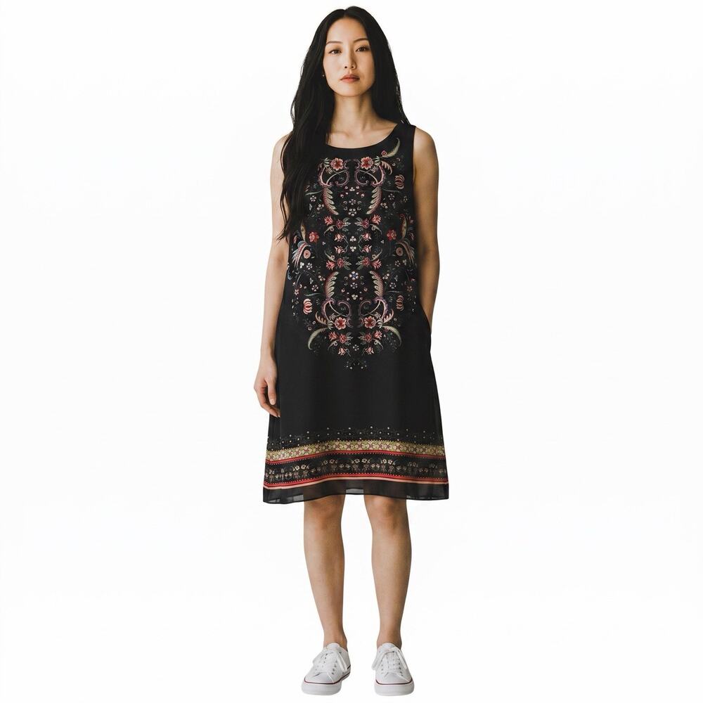 Max Studio Printed Trapeze Shift Dress 6904Y66 Large Floral Sleeveless Career